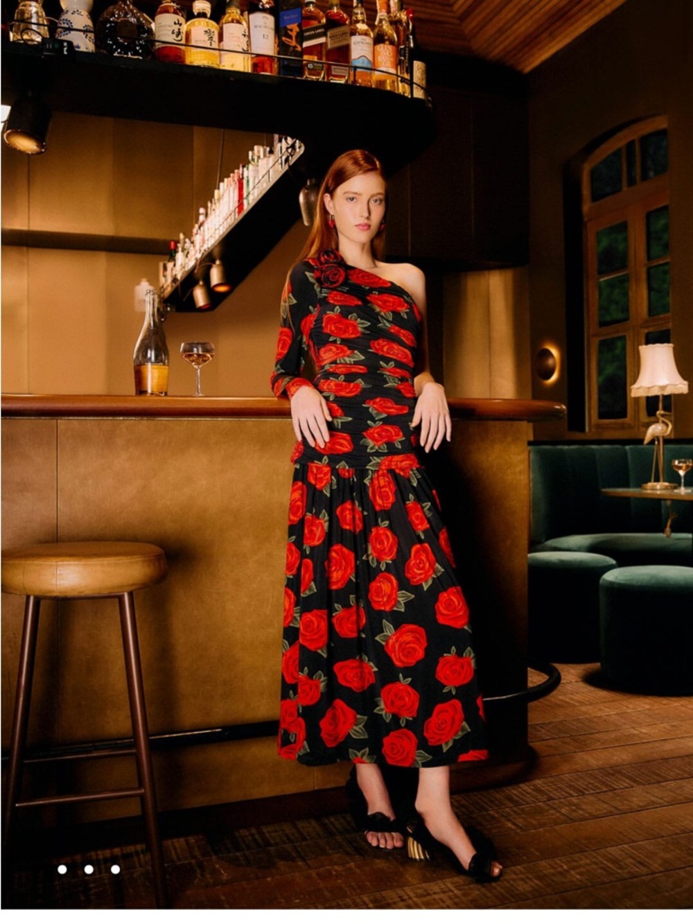 FARM Rio Black One-Shoulder Midi Dress with Red Rose Print